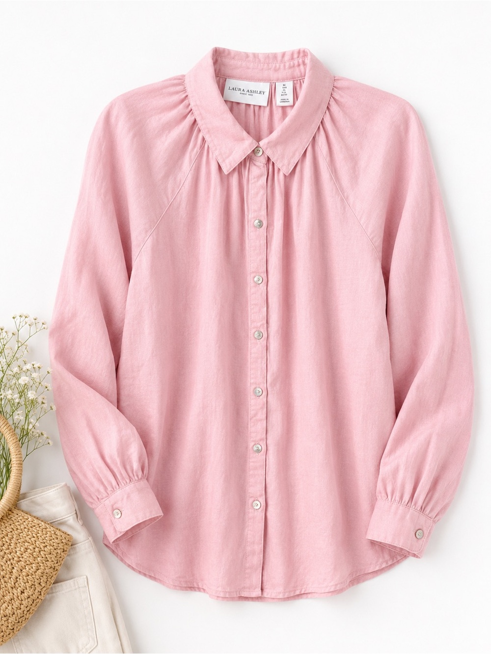 Laura Ashley Linen Blend Pink Button Front Blouse Romantic Cottagecore Long Sl L
